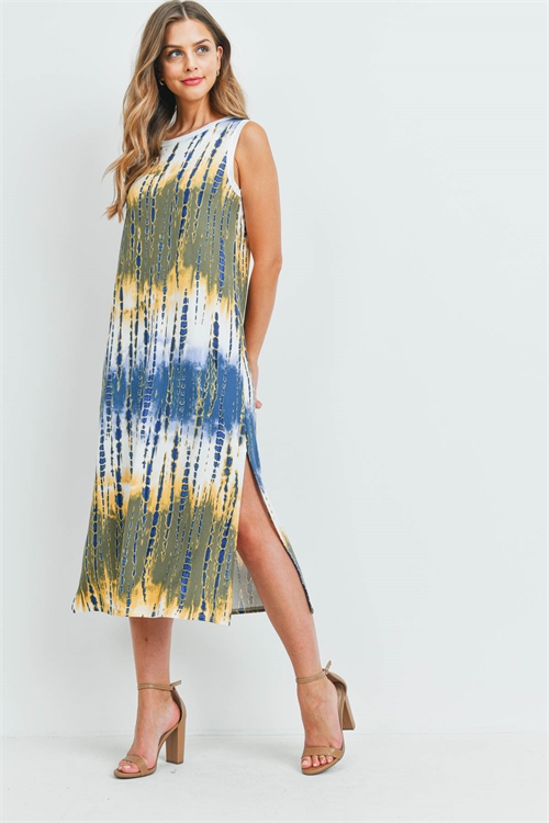 S7-3-2-PPD1111-NVMU - TIE DYE TANK DRESS WITH SIDE SLIT- NAVY/MUSTARD 1-2-2-2