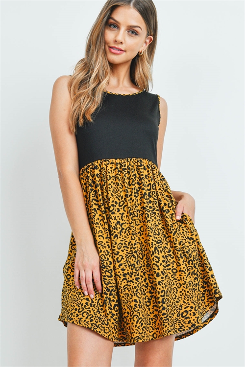 S11-5-1-PPD1112-MUBKBK - SLEEVELESS SOLID TOP LEOPARD HEM DRESS- MUSTARD/BLACK-BLACK 1-2-2-2 (NOW $3.50 ONLY!)