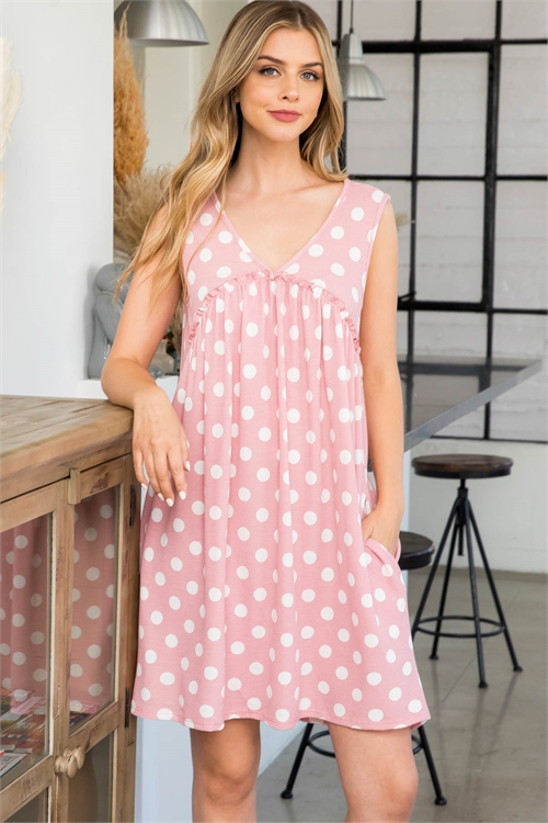 S6-7-2-PPD1114-PKOFWT - V-NECK RUFFLE DETAIL POLKA DOT SWING DRESS- PINK-OFF-WHITE 1-2-2-2