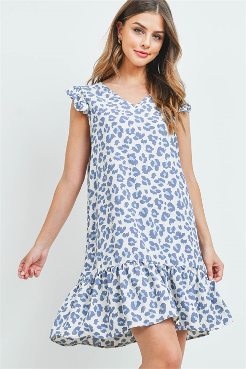 S8-12-2-PPD1120-ECBL - RUFFLE CAP SLEEVE V-NECK LEOPARD PRINT DRESS- ECRU-BLUE 1-2-2-2 (NOW $5.75 ONLY!)