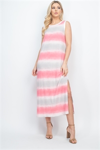 S13-1-2-PPD1121-FCHGYIV - SLEEVELESS TIE DYE MAXI DRESS WITH SIDE SLIT- FUCHSIA/GREY-IVORY 1-2-2-2 (NOW $5.75 ONLY!)