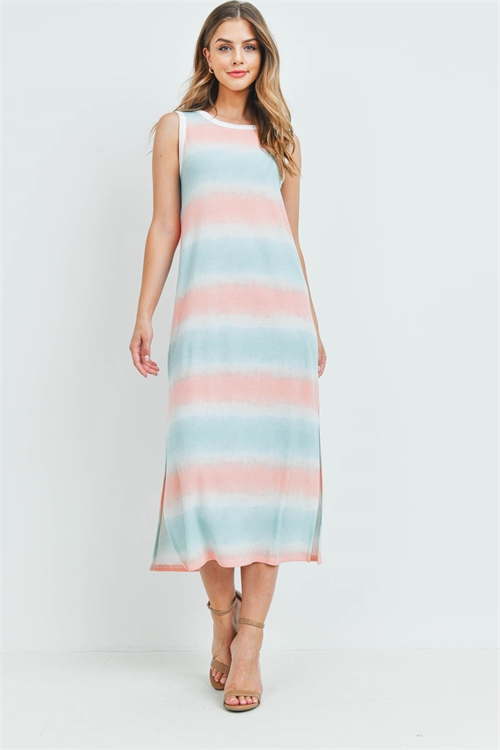 S13-6-4-PPD1121-MNTPCHIV - SLEEVELESS TIE DYE MAXI DRESS WITH SIDE SLIT- MINT/PEACH-IVORY 1-2-2-2 (NOW $2.75 ONLY!)