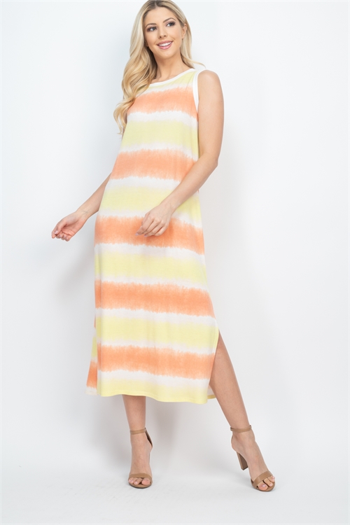 S13-6-4-PPD1121-ORLMNIV - SLEEVELESS TIE DYE MAXI DRESS WITH SIDE SLIT- ORANGE/LEMON-IVORY 1-2-2-2