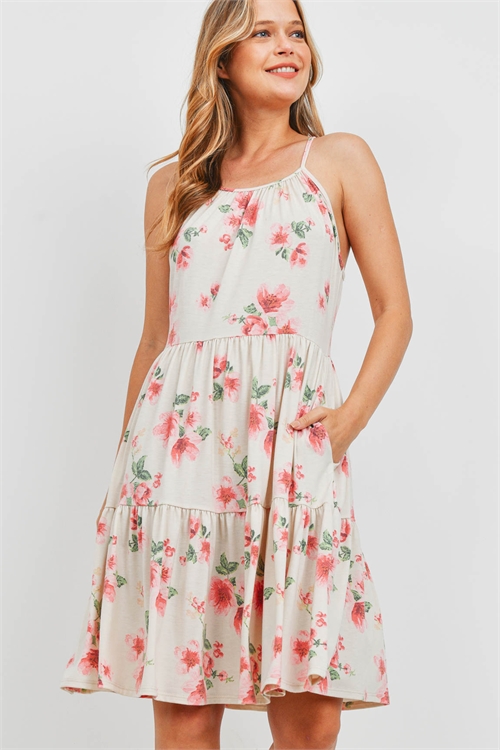 S16-3-1-PPD1122-CRM - FLORAL PRINT CAMI STRAP TIERED RUFFLE DRESS- CREAM 1-2-2-2