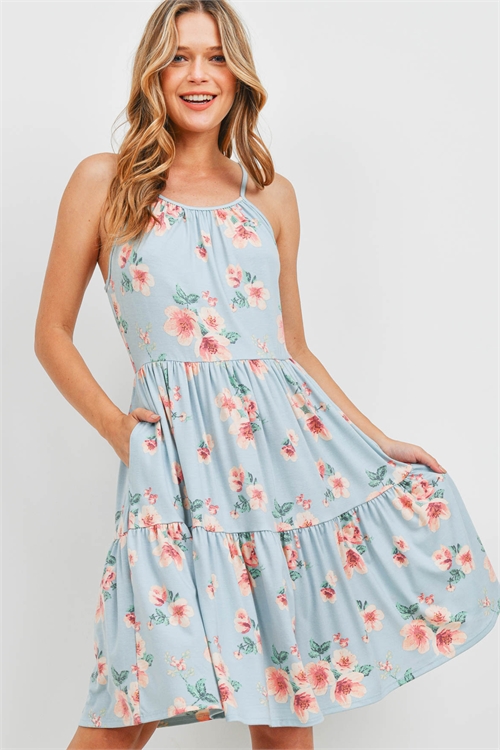 SA4-6-3-PPD1122-MNT-1 - FLORAL PRINT CAMI STRAP TIERED RUFFLE DRESS- MINT 0-1-2-2