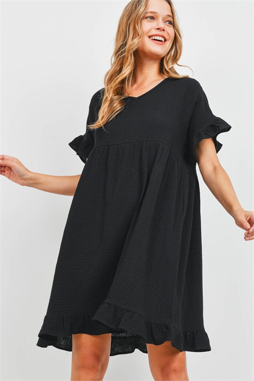 S16-2-1-PPD1125-BK - RUFFLE BELL SLEEVE V-NECK WOVEN EMPIRE WAIST DRESS- BLACK 1-2-2-2