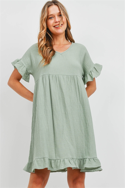 SA4-6-3-PPD1125-SG-1 - RUFFLE BELL SLEEVE V-NECK WOVEN EMPIRE WAIST DRESS- SAGE 0-2-1-2