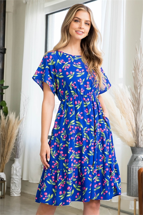 S9-14-1-PPD1127-RYL - CINCH WAIST FLORAL SWING TOP- ROYAL 1-2-2-2