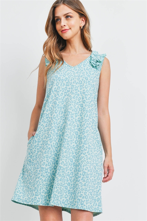 OS-PPD1129-MNT - SLEEVELESS SHOULDER RUFFLE DETAIL LEOPARD POCKET DRESS- MINT (Out of Stock; No More Incoming)