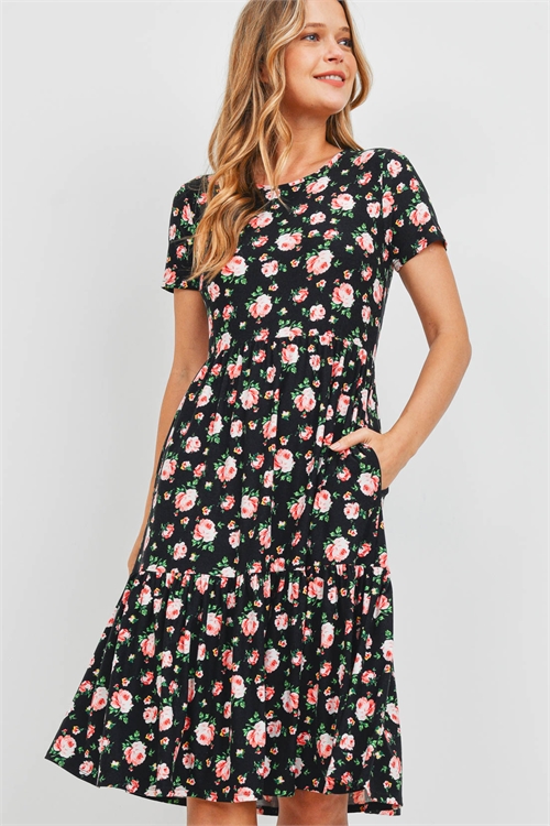 S11-5-1-PPD1132-BKRDGN - SHORT SLEEVE TIERED FLORAL DRESS- BLACK-RED-GREEN 1-2-2-2