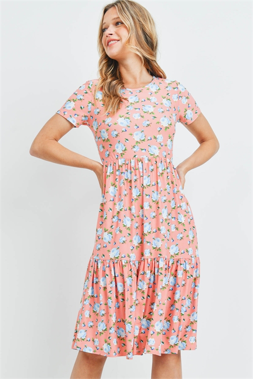 S11-3-3-PPD1132-PCHBLGN - SHORT SLEEVE TIERED FLORAL DRESS- PEACH-BLUE-GREEN 1-2-2-2 (NOW $7.75 ONLY!)