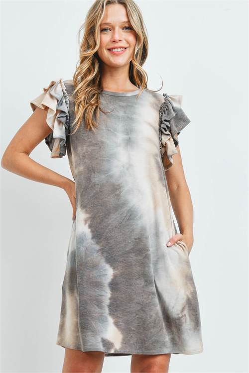 S8-4-1-PPD1134-TPBWN - LAYERED RUFFLE SLEEVE TIE DYE POCKET DRESS- TAUPE/BROWN 1-2-2-2