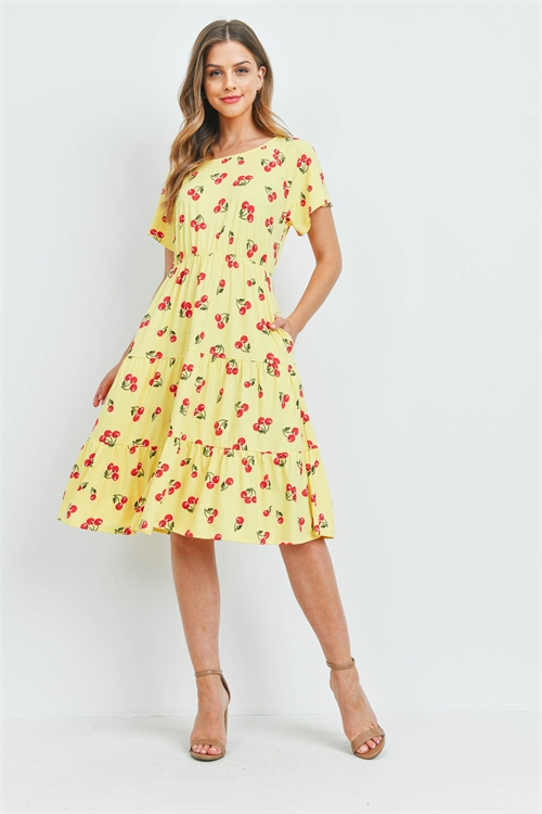 S10-20-1-PPD1139-YLW - CHERRY PRINT A-LINE TIERED POCKET DRESS- YELLOW 1-2-2-2