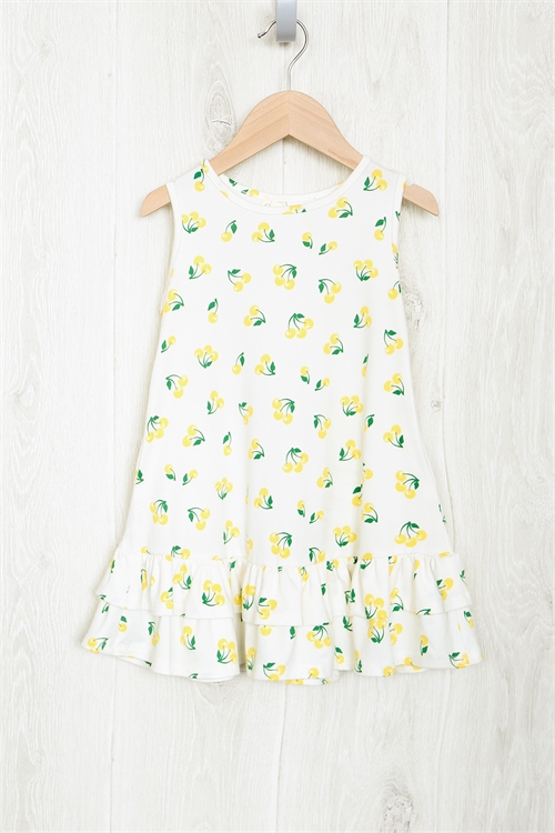 S5-1-3-PPD1142T-IVYLW-1 - RUFFLE HEM CHERRY PRINT KIDS GIRLS DRESS- IVORY-YELLOW 3-0-0-0