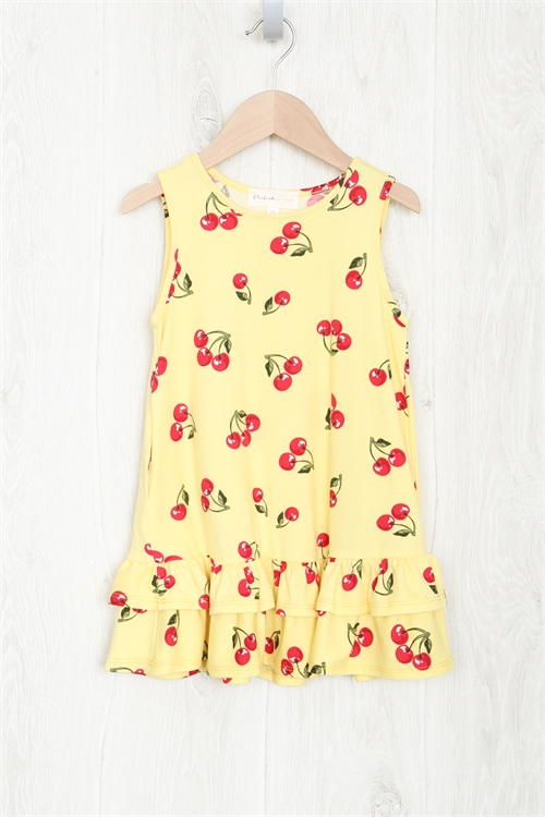 SA4-4-2-PPD1144T-YLW - CHERRY PRINT KIDS GIRLS RUFFLE HEM DRESS- YELLOW 2-2-2-2