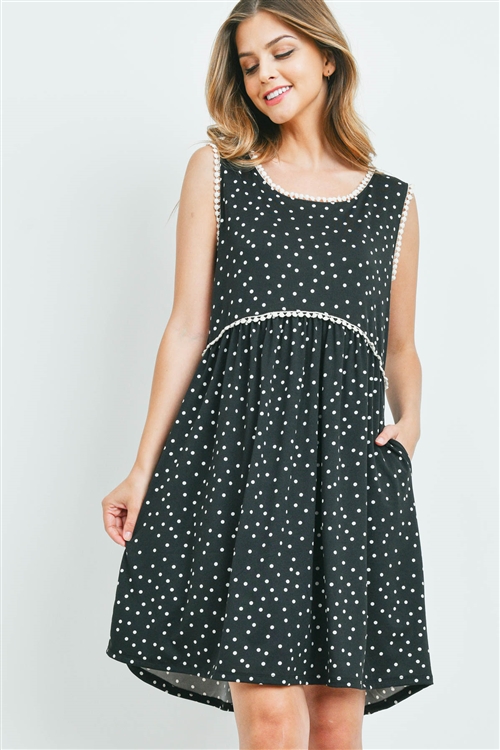 S9-3-3-PPD1145-BKWT - POMPOM DETAIL NECKLINE CINCH WAIST POLKA DOT DRESS- BLACK/WHITE 1-2-2-2