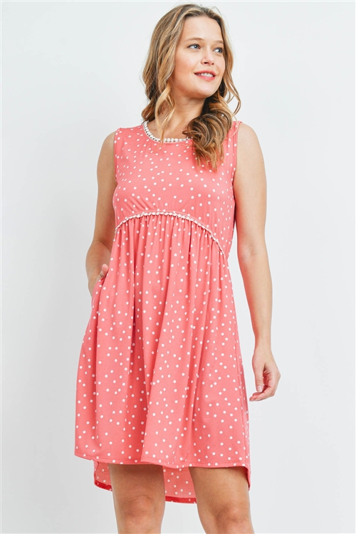 S15-11-2-PPD1145-CRLCB-1 - POMPOM DETAIL NECKLINE CINCH WAIST POLKA DOT DRESS- CORAL COMBO 0-2-2-0