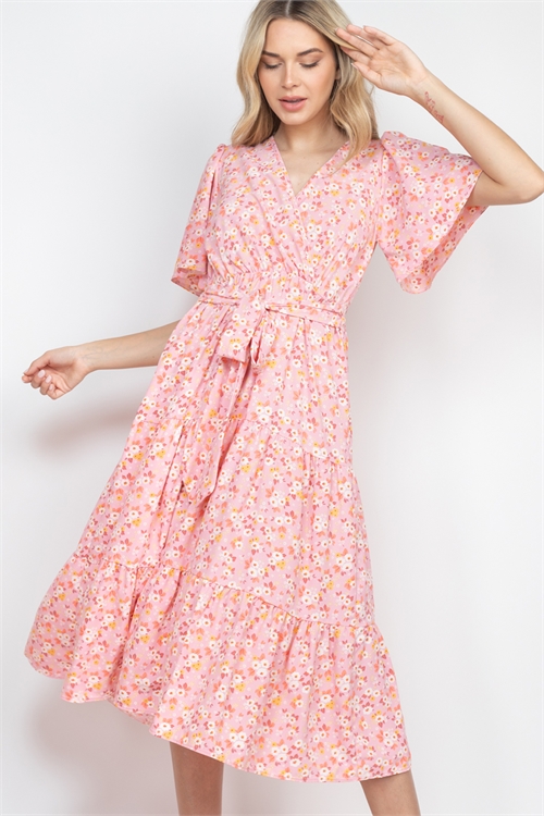 S9-13-4-PPD1149-PKMLWYLW-1 - SURPLICE NECKLINE FLORAL TIERED DRESS- PINK-MELLOW YELLOW 0-0-2-2