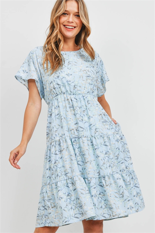 S8-13-4-PPD1156-BLMTL-1 - BUTTERFLY SLEEVE TIERED RUFFLE ORNAMENTAL DRESS WITH INSIDE LINING- BLUE-METAL 0-1-1-2