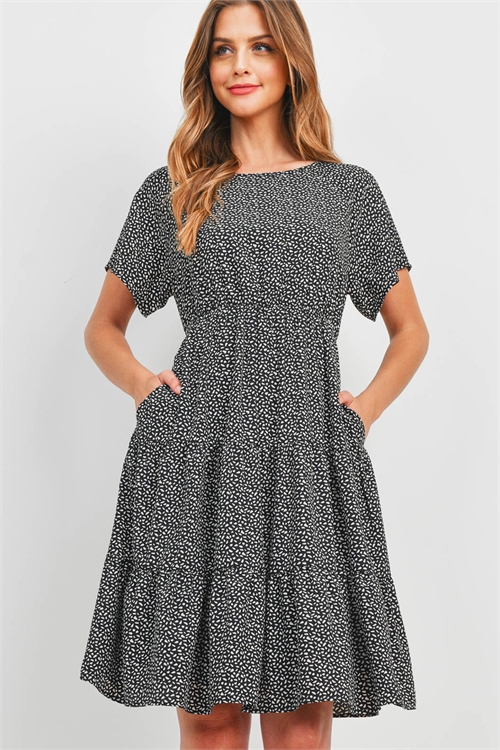 S11-16-3-PPD1159-BKTN-1 - PEBBLE PRINT TIERED RUFFLE DRESS- BLACK-TAN 0-2-2-2