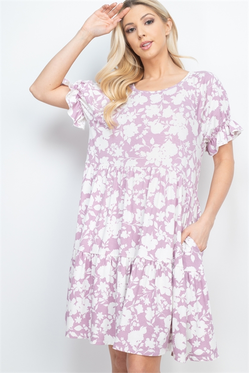S9-14-3-PPD1162-LVDOFW-1 - RUFFLE SLEEVE TIERED FLORAL DRESS- LAVENDER-OFF-WHITE 0-2-1-2