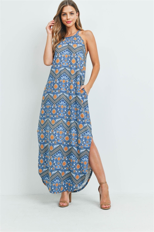 S8-1-3-PPD1165-CHBGD - BOHO PRINT HALTER MAXI DRESS- CHAMBRAY-GOLD 1-2-2-2