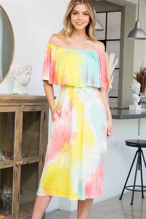 S10-14-4-PPD1166-BLYLWPK-1 - OFF-SHOULDER TIE DYE ELASTIC WAIST MAXI DRESS- BLUE-YELLOW-PINK 2