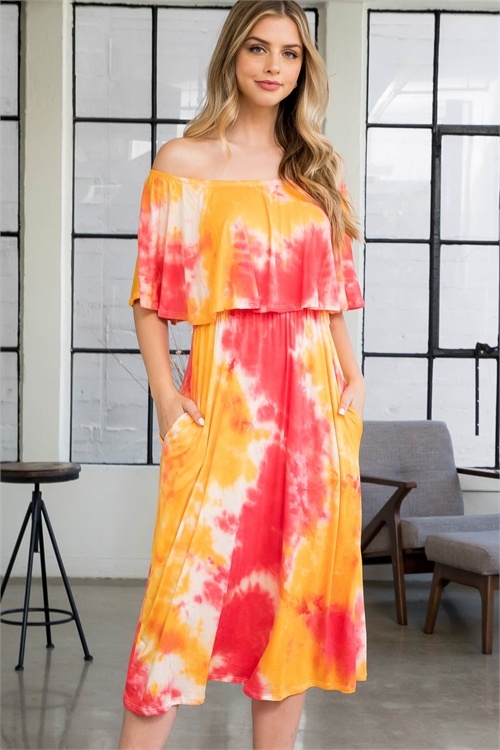 S10-14-4-PPD1166-CRL-1 - OFF-SHOULDER TIE DYE ELASTIC WAIST MAXI DRESS- CORAL 0-0-2-2