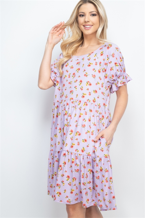 S9-20-2-PPD1174-LLCBLS-1 - BOAT NECK RUFFLE SLEEVE TIERED FLORAL DRESS- LILAC/BLUSH 0-2-2-2