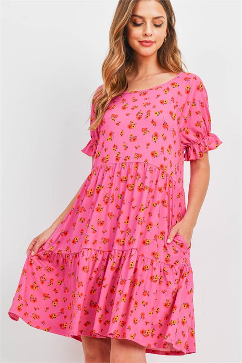 S9-20-2-PPD1174-PKRD-1 - BOAT NECK RUFFLE SLEEVE TIERED FLORAL DRESS- PINK/RED 0-2-2-2