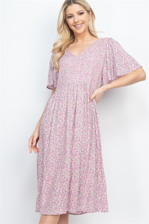S12-10-1-PPD1176-PKCB - BUTTERFLY SLEEVES V-NECK FLORAL A-LINE DRESS- PINK COMBO 1-2-2-2