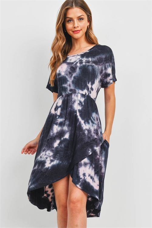 S8-14-3-PPD1179-BKIV-1 - CINCH WAIST TIE DYE WRAP HEM DRESS- BLACK-IVORY 1-1-2-2