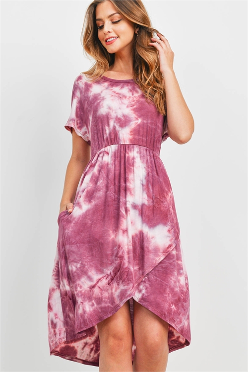 S8-14-3-PPD1179-MARIV-1 - CINCH WAIST TIE DYE WRAP HEM DRESS- MARSALA-IVORY 0-2-2-2