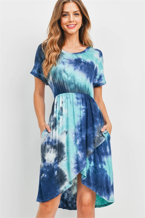 S10-6-1-PPD1179-NVAQ - CINCH WAIST TIE DYE WRAP HEM DRESS- NAVY-AQUA 1-2-2-2