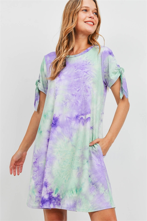 S9-11-1-PPD1180-MNTNWLLCWT - TIE DYE SLEEVE KNOT DRESS- MINT-NEW LILAC-WHITE  1-2-2-2