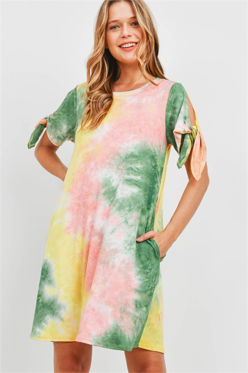 S10-9-1-PPD1181-PKGNYLW - TIE SLEEVE ROUND NECK TIE DYE DRESS WITH INSEAM POCKET- PINK-GREEN-YELLOW 1-2-2-2