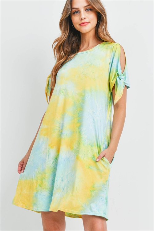 S9-13-1-PPD1181-TQYLW - TIE SLEEVE ROUND NECK TIE DYE DRESS WITH INSEAM POCKET- TURQUOISE-YELLOW 1-2-2-2 (NOW $2.75 ONLY!)