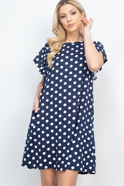 S8-3-2-PPD1182-NVIV - RUFFLE SLEEVE ROUND NECK POLKA DOT DRESS- NAVY-IVORY 1-2-2-2 (NOW $6.75 ONLY!)