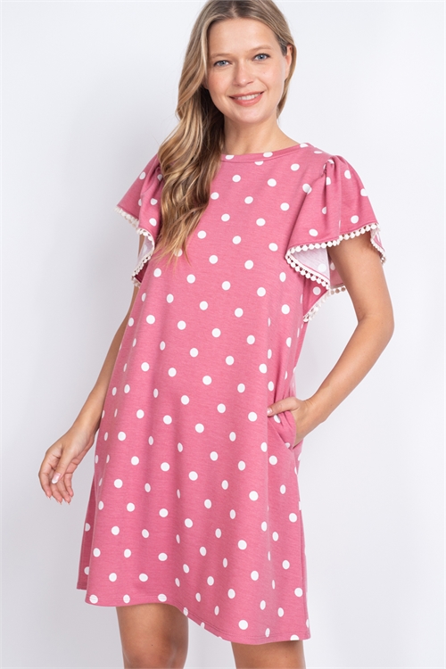 S10-20-3-PPD1183-MVIV-1 - POMPOM DETAIL RUFFLE SLEEVE POLKA DOT DRESS- MAUVE-IVORY 0-2-2-2