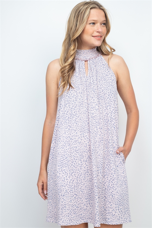 S15-8-1-PPD1184-BLSDNM - SMOCKED HALTER KEYHOLE NECKLINE LEOPARD SWING DRESS- BLUSH-DENIM 1-2-2-2 (NOW $4.75 ONLY!)