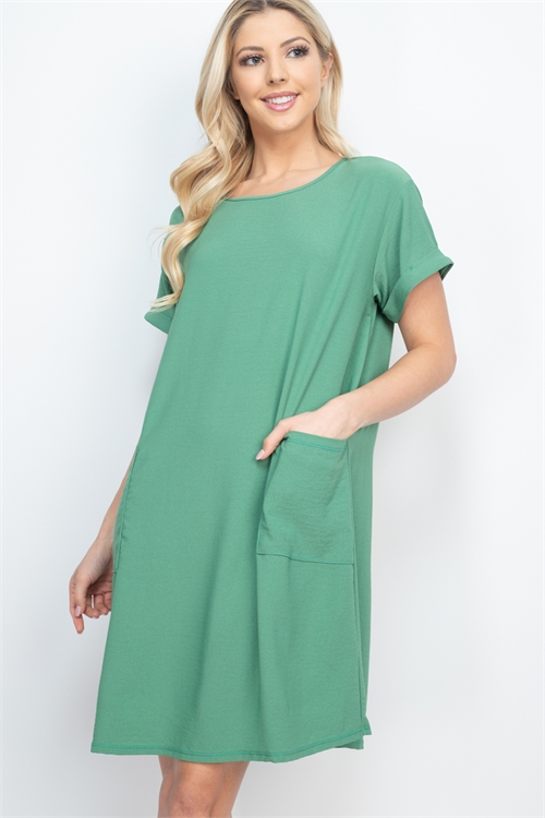SA4-000-4-PPD1185-GNDST - ROLLED SLEEVE FRONT POCKET SOLID DRESS- GREEN DUSTY 1-2-2-2