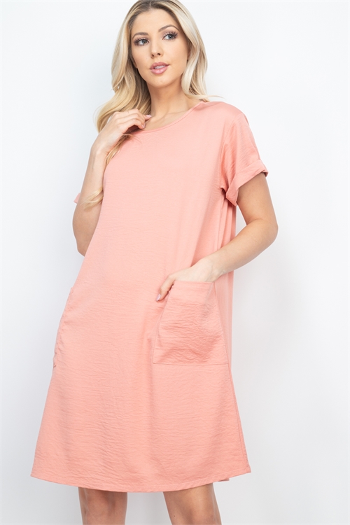S10-15-2-PPD1185-PCH-1 - ROLLED SLEEVE FRONT POCKET SOLID DRESS- PEACH 0-2-2-2