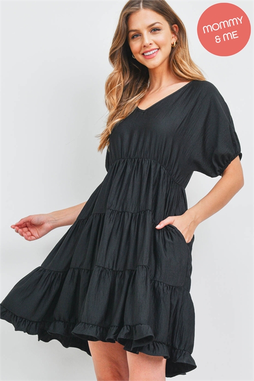 S4-8-3-PPD1186-BK - PUFF SLEEVE V-NECK TIERED RUFFLE A-LINE DRESS- BLACK 1-2-2-2