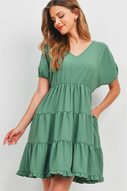 S11-10-1-PPD1186-GNDST - PUFF SLEEVE V-NECK TIERED RUFFLE A-LINE DRESS- GREEN DUSTY 1-2-2-2