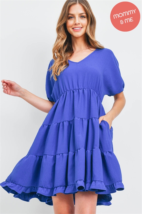 S11-10-1-PPD1186-RYL - PUFF SLEEVE V-NECK TIERED RUFFLE A-LINE DRESS- ROYAL 1-2-2-2