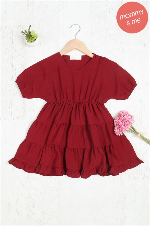 SA4-5-2-PPD1186TK-BU - KIDS PUFF SLEEVE V-NECK TIERED RUFFLE A-LINE DRESS- BURGUNDY 1-1-1-1-1-1-1-1