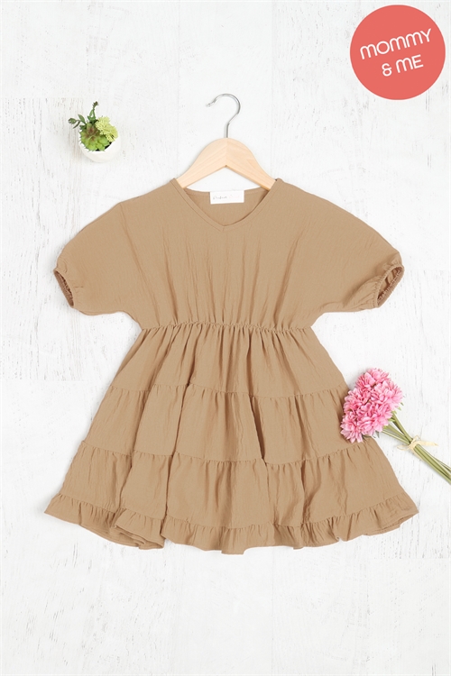 S5-8-4-PPD1186TK-LTMC-1 - KIDS PUFF SLEEVE V-NECK TIERED RUFFLE A-LINE DRESS- LIGHT MOCHA 1-0-0-0-1-1-1-1