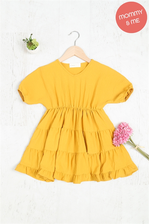 S12-4-3-PPD1186TK-MU - KIDS PUFF SLEEVE V-NECK TIERED RUFFLE A-LINE DRESS- MUSTARD 1-1-1-1-1-1-1-1