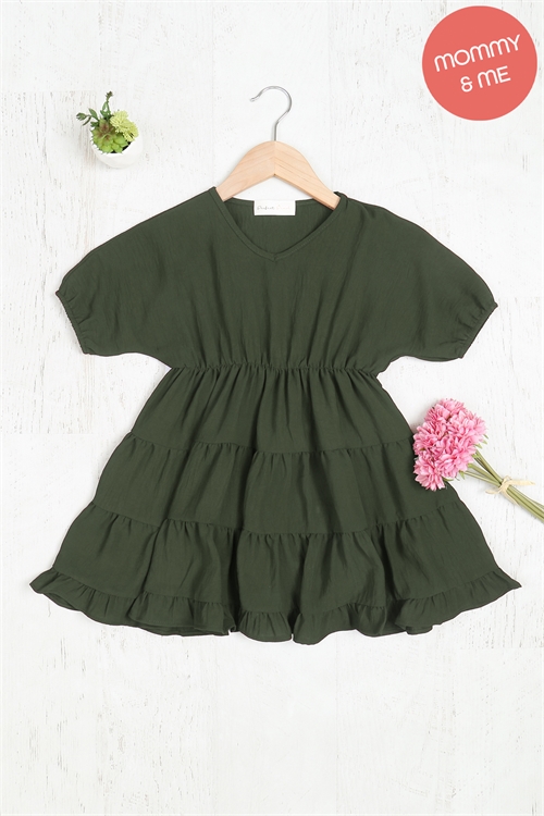 S8-1-1-PPD1186TK-OV - KIDS PUFF SLEEVE V-NECK TIERED RUFFLE A-LINE DRESS- OLIVE 1-1-0-1-1-1-1-1