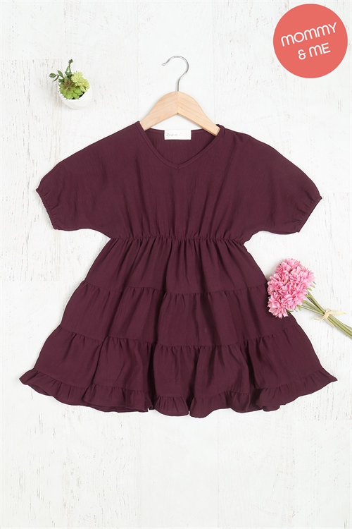 S12-4-3-PPD1186TK-RSN - KIDS PUFF SLEEVE V-NECK TIERED RUFFLE A-LINE DRESS- RAISIN 1-1-1-1-1-1-1-1